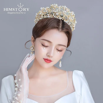 

Himstory Bridal Golden Rhinestone Pearl Crown Wedding Jewelry Headdress Evening Party Crown Hair Accessories
