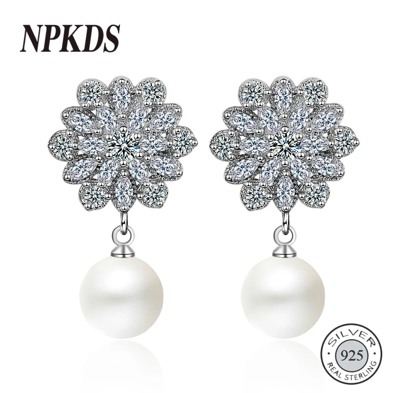 

NPKDS Sterling 925 Silver Pearl Earrings Female S925 Jewelry Shining Snowflake shape Ziron Earrings Engagement Gift LCH653SR00
