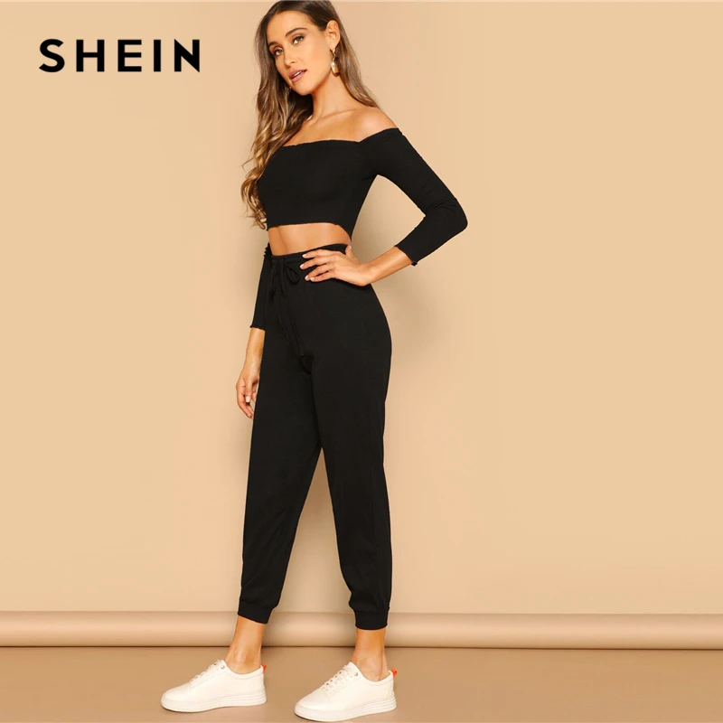 SHEIN Модный Топ С Открытыми Плечами И Спортивные Брюки Женский Спортивный