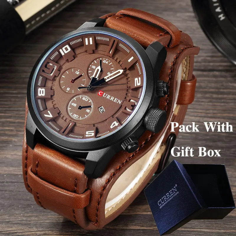 brownbrownbrownbox CURREN Топ бренд класса люкс мужские s часы мужские часы Дата Спорт военный кожаный ремешок для часов кварцевые мужские деловые часы подарок 8225 - Цвет: brownbrownbrownbox