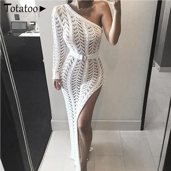 

Totatoop One Shoulder Knitted Bodycon Long Dress Women Sexy Maxi Dresses Hollow Out High Split Club Party Dresses Vestidos