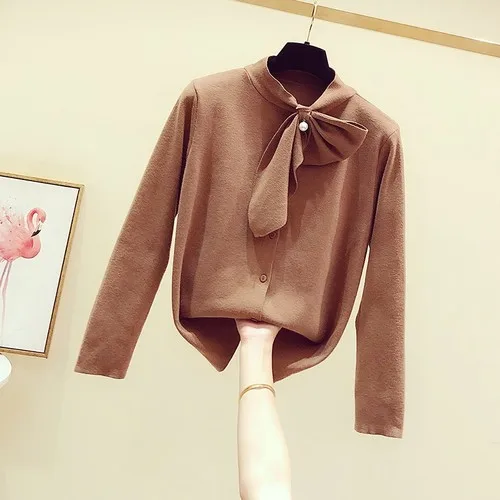 Dark Brown Теплый кардиган-пальто рубашка женская новая Корейская бусина лук воротник Однорядная кнопка чистый цвет трикотажная рубашка пальто - Цвет: Dark Brown