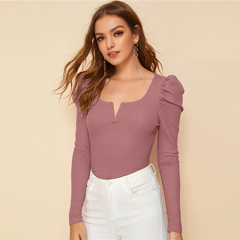 Dotfashion розовая Повседневная Футболка с рукавами из баранины, женская футболка, Весенняя футболка с квадратным вырезом, ребристая вязка, топы для девушек, однотонный тянущийся Топ