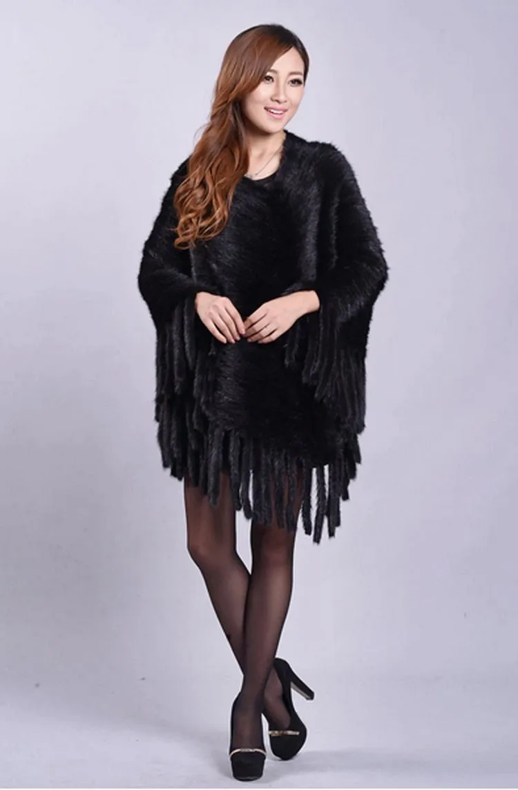 Genuine real Mink Fur Shawl with tassel Knitted Real Fur Poncho Women Natural Fur Warp With Hood Winter Mink Fur