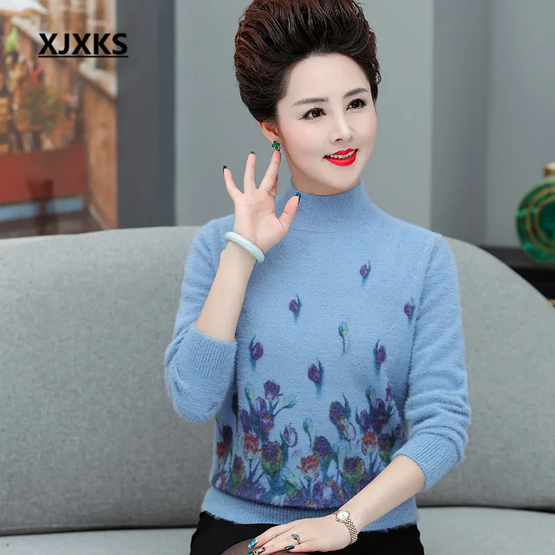 XJXKS winter new women turtleneck sweater loose plus size fashion printed women cashmere sweater pullover - Цвет: Синий