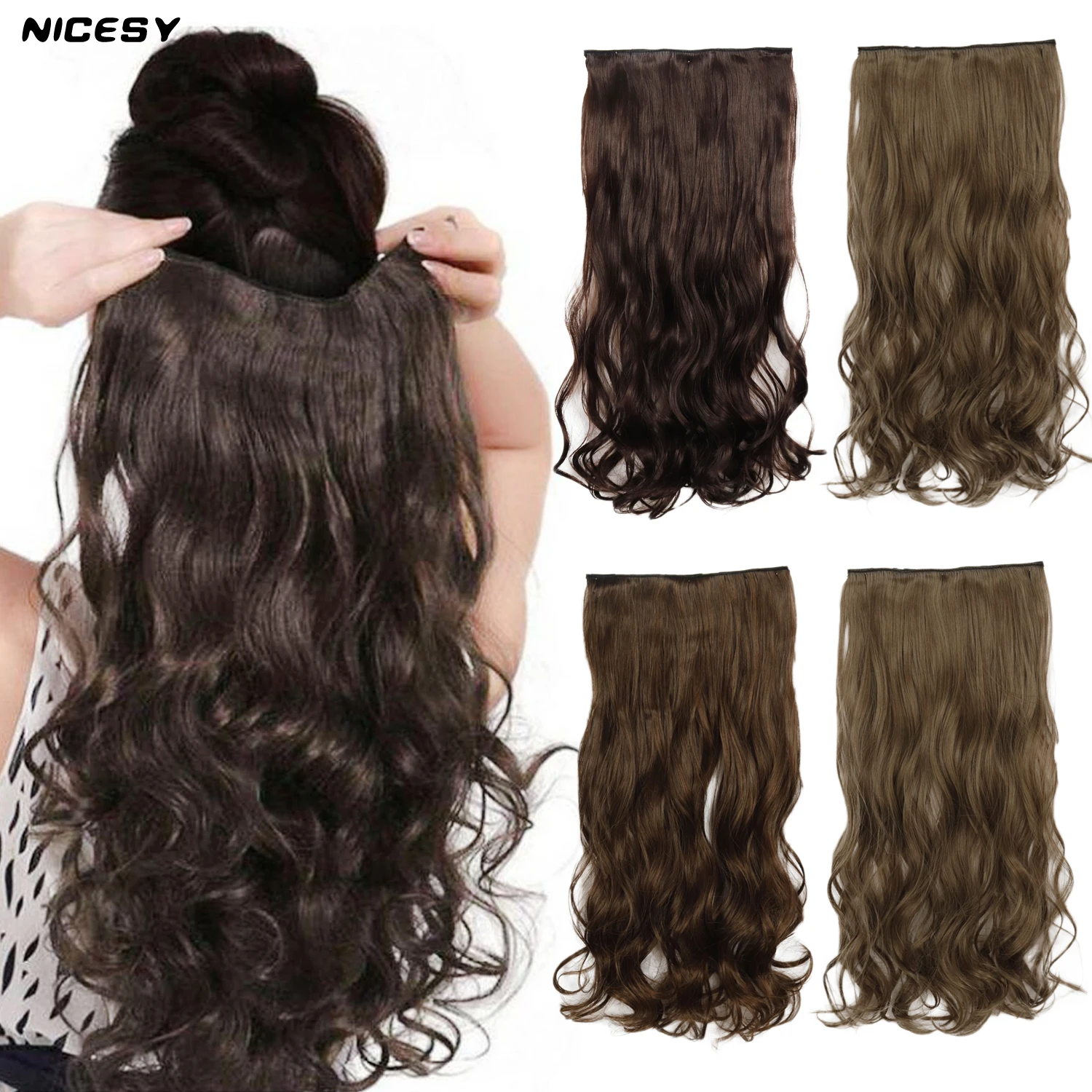 NICESY-extensiones de cabello sintético para mujer, pelo largo ondulado de 22 pulgadas, color marrón, negro y dorado, 5 Clips de alta temperatura