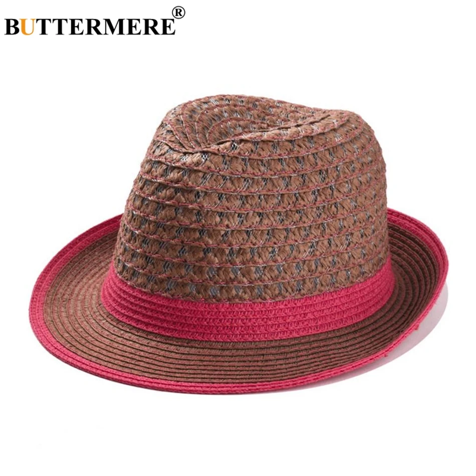 BUTTERMERE Summer Sun Hat Women Straw Female Linen Panama Blue White Striped Patchwork Beach Brand Ladies Jazz Hat|Женские пляжные