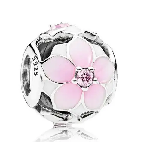 

Original 925 Sterling Silver Bead Charm Enamel Magnolia Bloom With Crystal Beads Fit Pandora Bracelet & Necklace DIY Jewelry