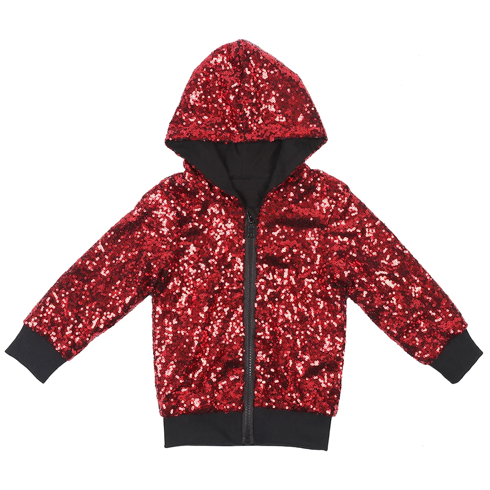 Зимняя куртка для девочек, уличная куртка для маленьких девочек, удобная одежда с блестками, винно-Бордовая Черная куртка с капюшоном