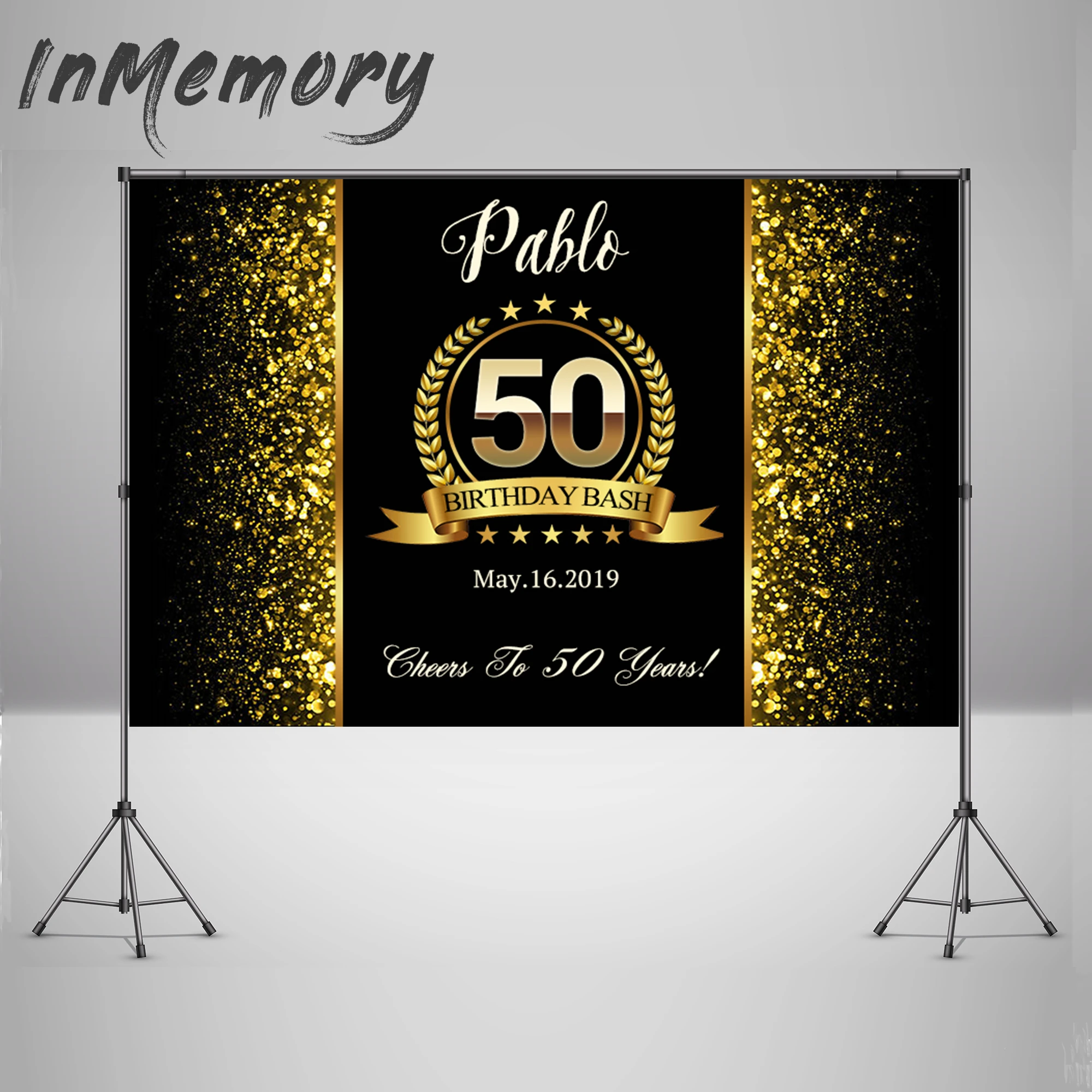 Affiche Personnalisee Avec Nom Joyeux Anniversaire Arriere Plan De Photographie Fete De 50 Ans Paillettes A Pois Or Studio Photo Pour Seance Photo Aliexpress