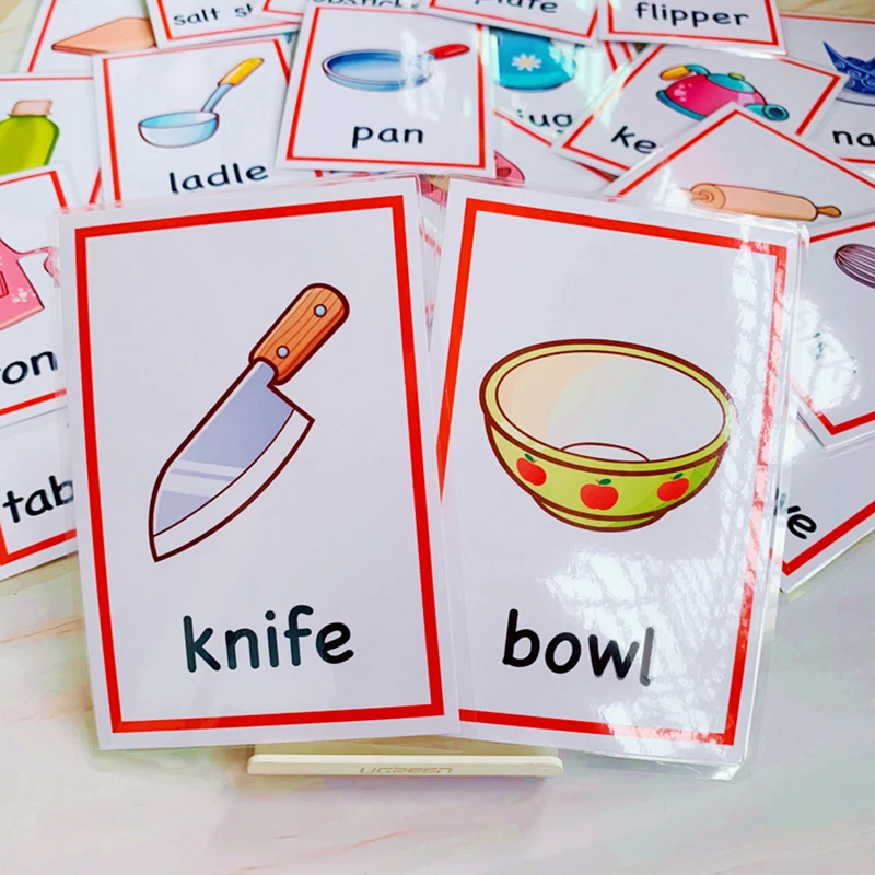 26 pièces cartes de mots anglais pour enfants cartes d'apprentissage fournitures de cuisine Montessori éducatif cognitif cartes Flash jeu de mémoire (lot de 26)