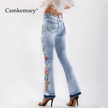 CamKemsey S-4XL Плюс Размер Хлопок Деним, джинсы для женщин Весна Осень Цветочная вышивка повседневные стрейч обтягивающие расклешенные джинсы