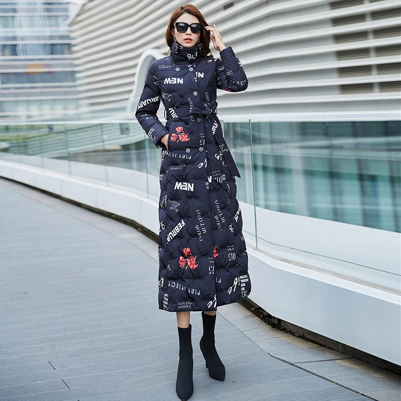 

New Design Women's Winter Down Jacket Female Navy Blue Printing Embroidery Long Slim Ladies Down Coat Double-breasted With Belt