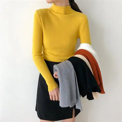 Новинка, повседневные женские вязаные свитера, Осенние тонкие корейские эластичные пуловеры с длинным рукавом, рубашка трикотажная, топы для девушек, белый свитер - Цвет: Цвет: желтый