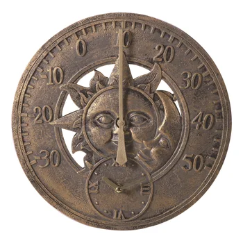 

30cm Large Fence Ornament Resin Wall Clock Thermometer Office Indoor Outdoor Yard Patio Battery Powered Garden Vintage Sun Moon