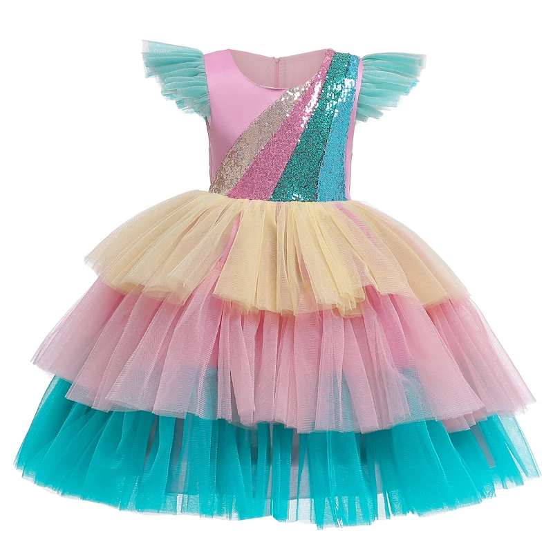 Эксклюзивное Новое милое разноцветное платье с оборками на рукавах; популярное цветное платье принцессы; Одежда для девочек; От 3 до 8 лет