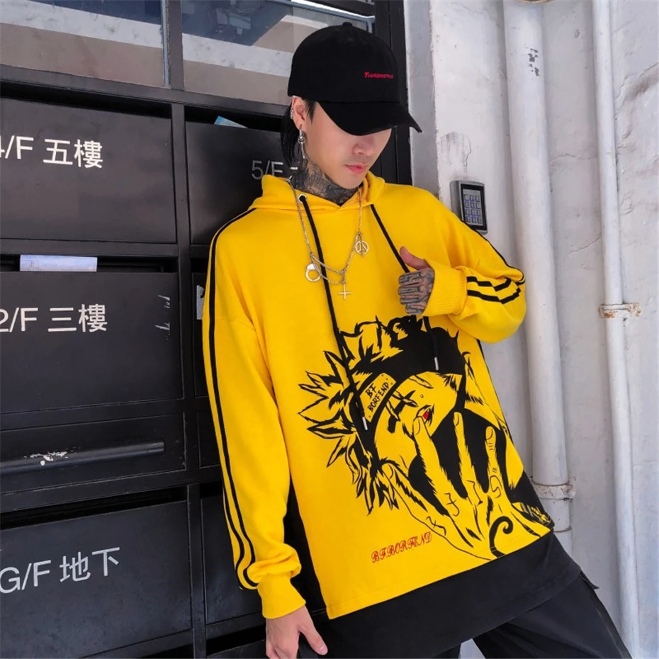 Harajuku желтый свитер с капюшоном для мужчин Хип Хоп пуловер, худи с принтом Уличная Повседневная мода Топы Одежда Осень WG613