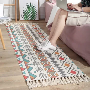 

Bohemian Hand Cotton Linen Tessel Carpet Decorative Floor Mat Bedside Rug Geometric Floor Mat Living Room Bedroom Carpet