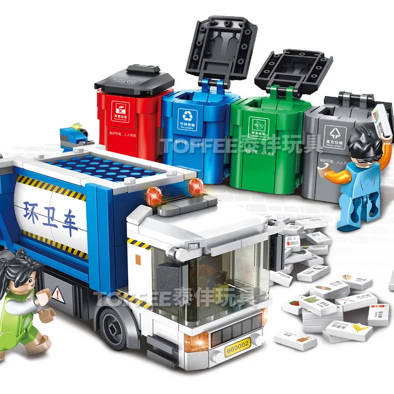 

Pan luo si Huada 660002 Garbage Can Compartmental with Environmentally-Friendly Cars Set Small Particles Early Education Assembl