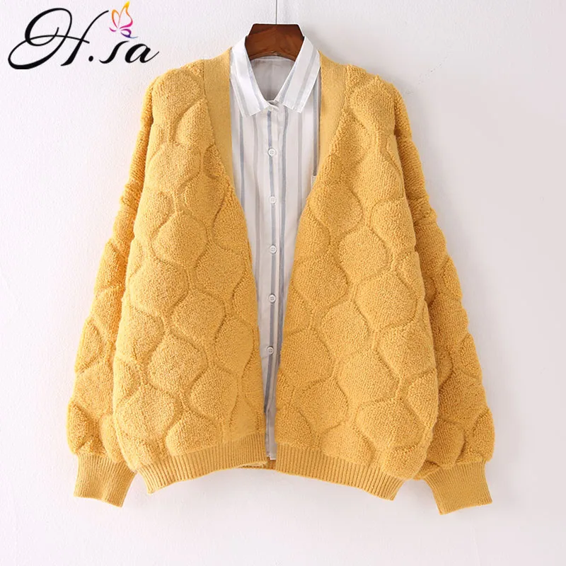 

H.SA Women Loose Oversized Cardigans and Sweaters Lantern Sleeve Yellow Knitwear Loose Sweaters Korean Style Knit Coat Jacket