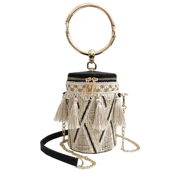 

NEW-Summer Fashion New Handbag High quality Straw bag Women bag Round Tote bag Hand Ring Tassel Chain Shoulder Travel bag