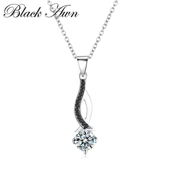 [BLACK AWN] Genuine 100% 925 Sterling Silver Jewelry Necklaces Pendants Trendy Black Spinel Stone Necklace for Women P073