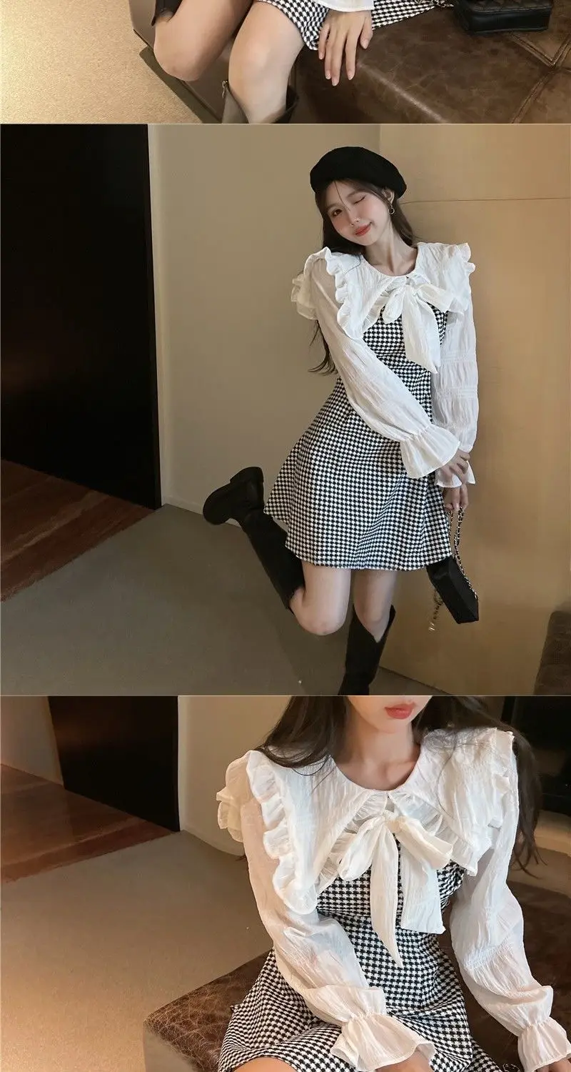 Long Sleeve Dress Women Patchwork Design Kawaii Students All-match Spring New Casual Peter Pan Collar Korean Style Daily Elegant wedding dresses