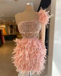 Pink Short Evening Dress Luxury 2021 with Feather African  One Shoulder Beaded Women Formal Party Gowns Special Occasion Dress