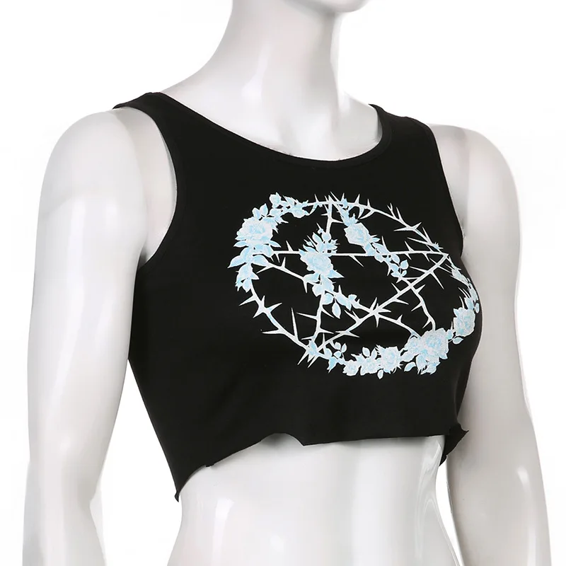 Goth Dark Gothic Knitted Punk Black Tank Tops Mall Goth Grunge Goat Print Harajuku Women Crop Tops Skinny Sleeveless Streetwear