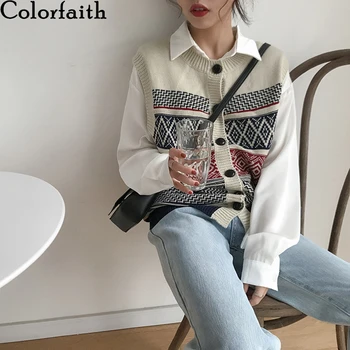 

Colorfaith 2020 New Spring Winter Women Sweaters Sleeveless Vest Knitting Vintage Geometric Single Breasted Wild Tops SWV1308