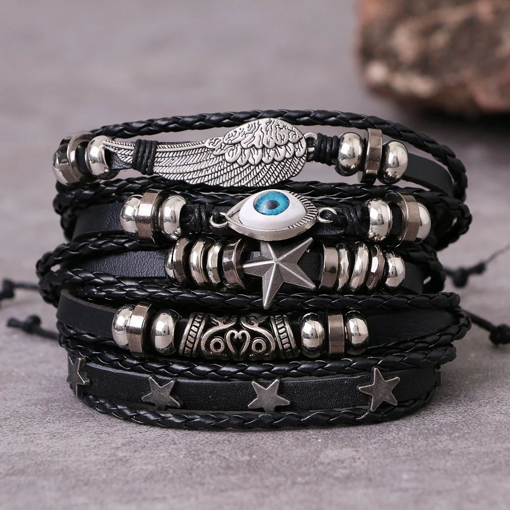 DAXI Punk Multilayer Leather Bracelet Set bracelet jewelry Eye Wings Star Charms Beads Bracelets For Man Party Gothic Jewelry Punk Wrap Wristband