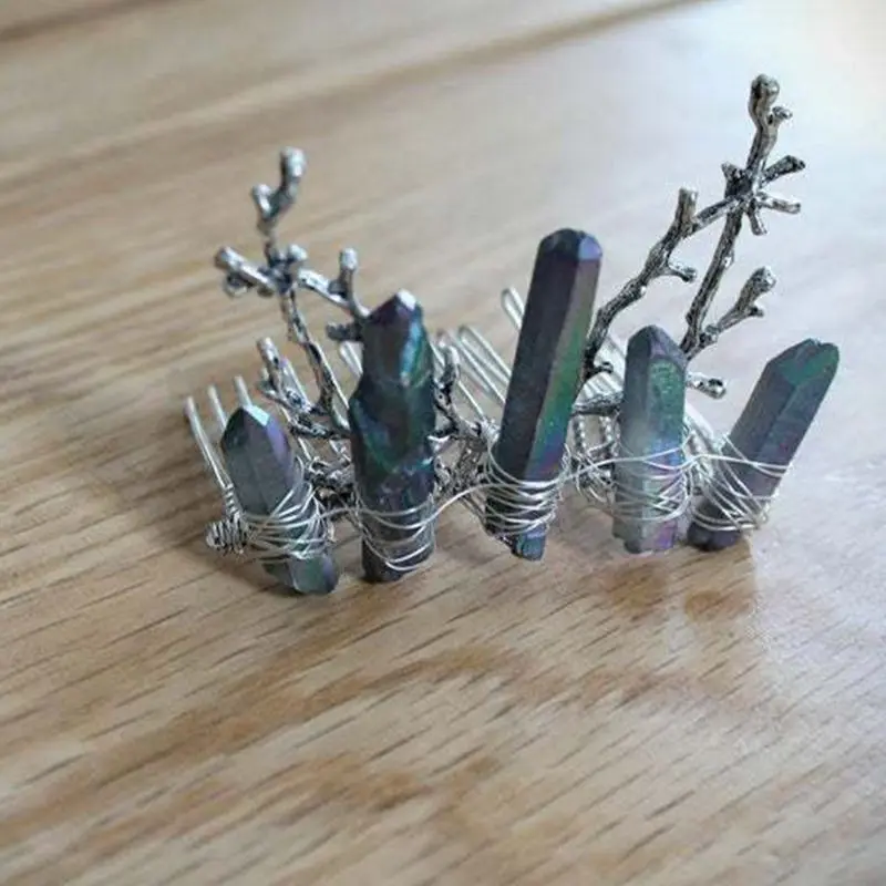 Boho Rainbow Handmade Quartz Hair Comb Alloy Tree Branch Faux Crystal Hairpin