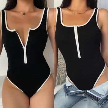 

2020 Summer Women Contrast Color Zipper Bodysuit Playsuits Siamese Female European Fashion Sexy V Neck Strap Skinny Jumpsuit