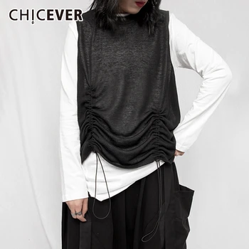 

CHICEVER Drawstring Ruched Two Piece Set Women O Neck Long Sleeve Shirt Lace Up Irregular Tank Oversize Casual Female Suits 2020