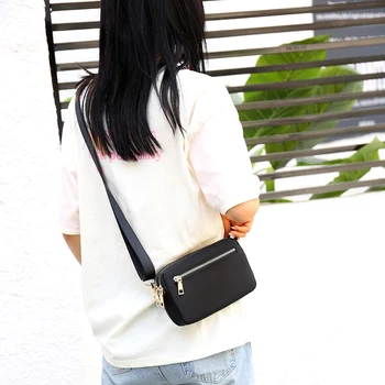 

Black Waterproof Nylon Crossbody Bag for Women Double Layer Ziper Ladies Shoulder Phone Pouch