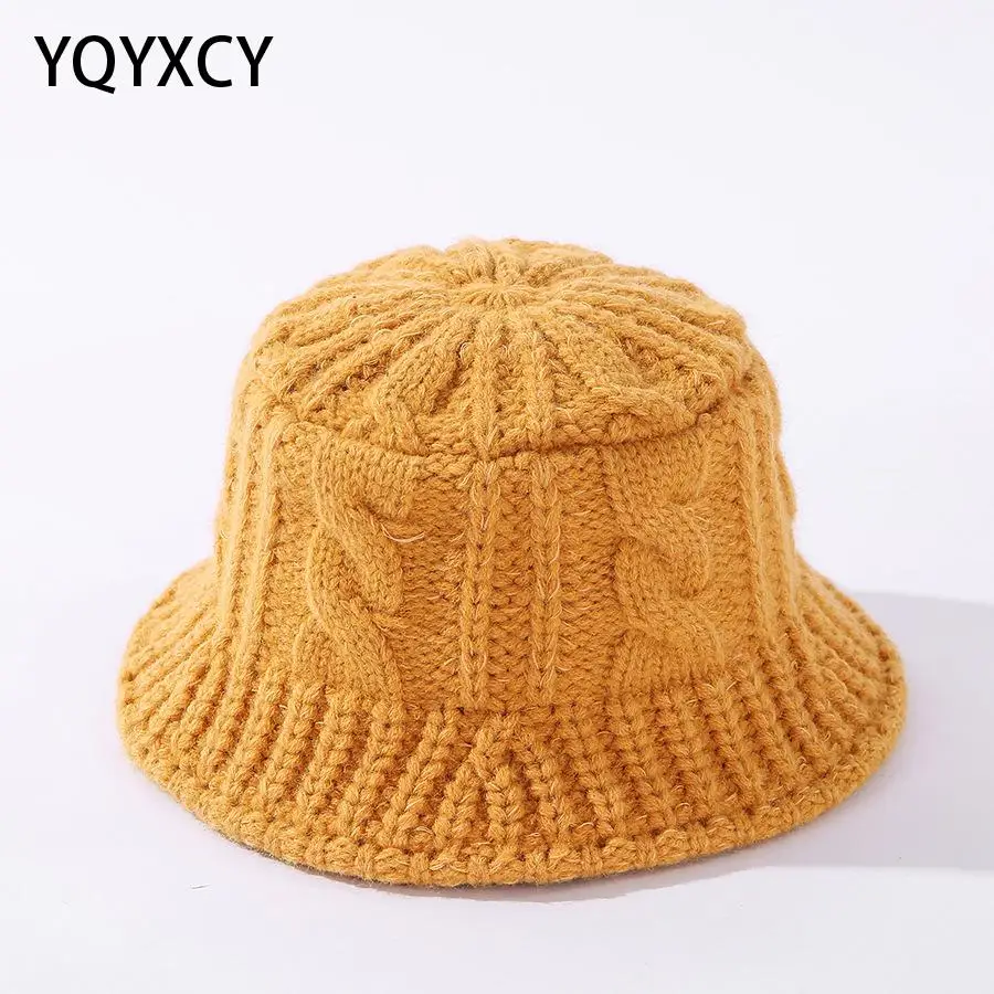 

YQYXCY Winter Hats For Women Knitted Bucket Hat Female Solid Color Thick Warm Fashion Fisherman Hat Bob Gorro Casual Vintage New