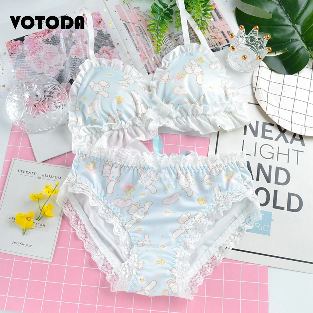 Girls Japanese Cute Wire Free Bra Suit Women Sexy Lace Lingerie Briefs Set Kawaii Sweet Lolita Underwear Thong Cotton Panties womens underwear sets