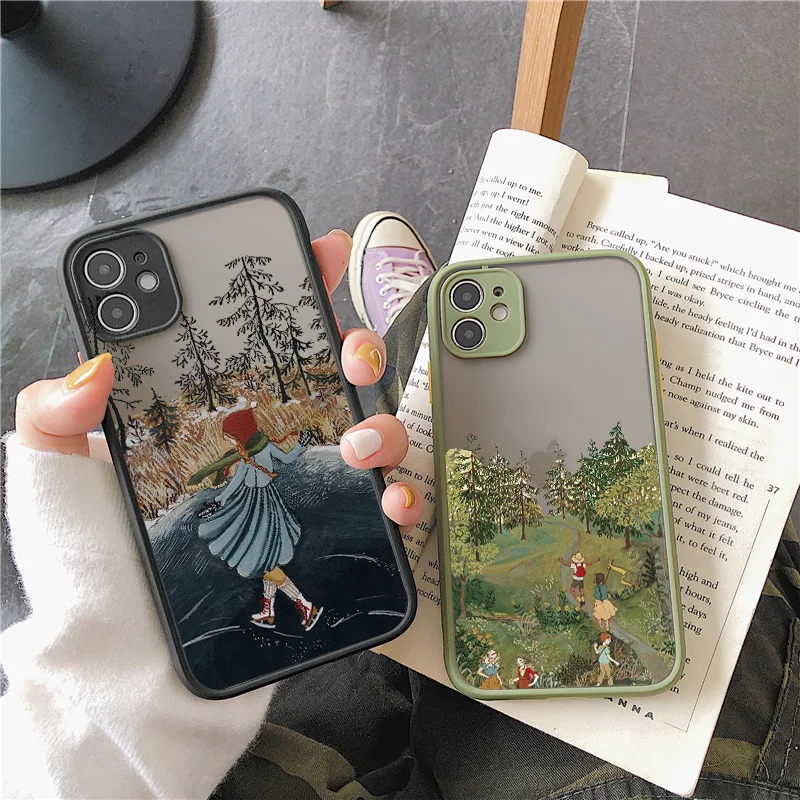Cartoon Scenery Girl Phone Case For iphone 7 8 Plus SE 2020 13 11 12 Pro Max for iPhone X XR XS MAX Hard Shockproof Cover Fundas
