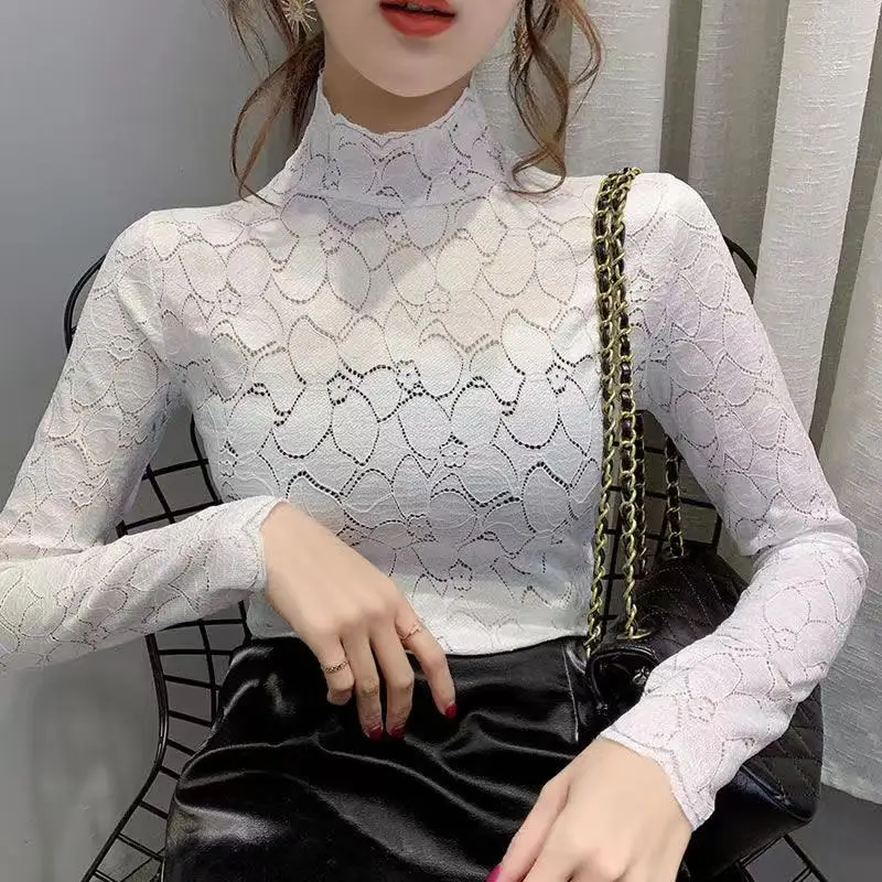 

Women Sexy Lace Froal Blouse Shirt Turtleneck Long Sleeve Elegant Undershirt Hollow Out Slim Korean Style Solid Tops 2021spring