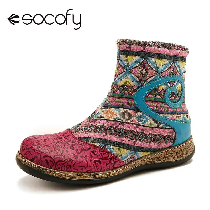 Женские мягкие ботильоны SOCOFY из натуральной кожи на плоской подошве с рельефным