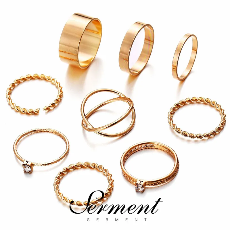 

SERMENT Creative Geometric Circular Twisted Ring European Hot Sale Gilded Silvered Color Ring Set 9 Piece Set Fashion Jewelry