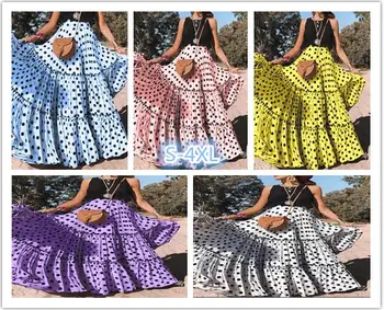 

Women High Waist Polka Dot Printed Long Skirt Loose A-line Ruffled Pleated Skirt Maxi Evening Party Skirt jupe femme