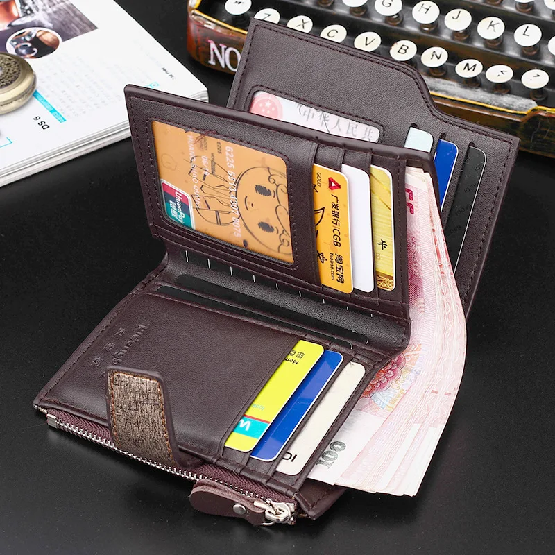 New Classic Fashion men's wallet Short vertical locomotive British casual multi-function card bag zipper buckle 3 Folds Card Hol