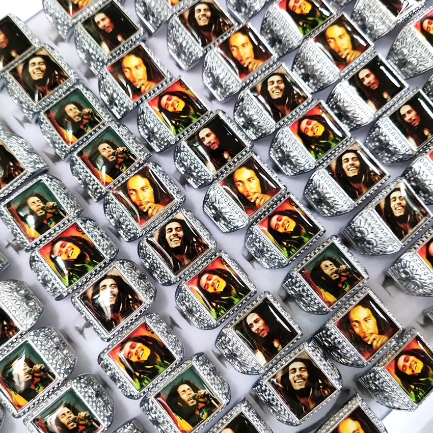 20/ 50pcs Wholesale Mix lot Bob Marley Ring Men's Punk Rocker Silver Plated Alloy Ring Male Party Jewelry Man Gift 5