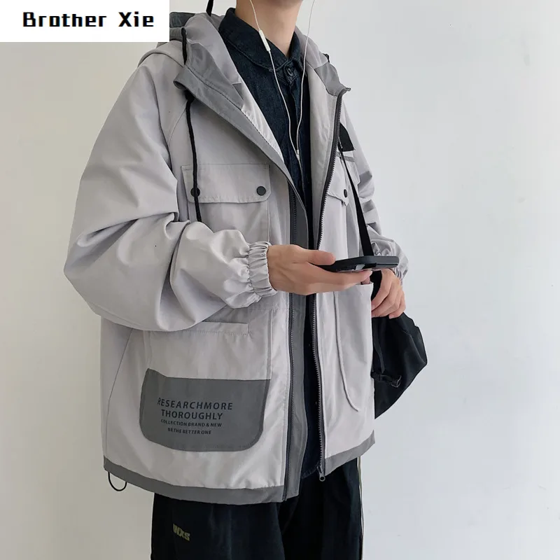 

Autumn New Hooded Jacket Men Fashion Contrast Color Casual Multi-pocket Tooling Jacket Streetwear Hip Hop Loose Bomber Jacket