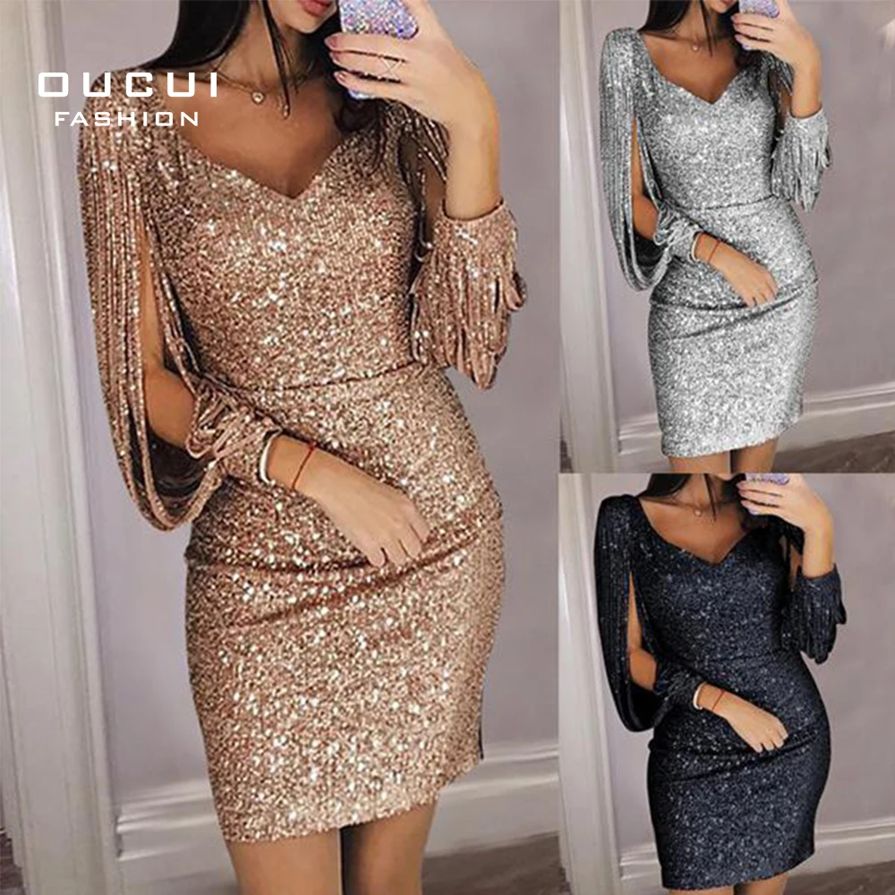

Sexy Mermaid Short Evening Dresses 2019 V Neck Formal Three Quarter Sleeve Sequined Party Evening Gown OL103710