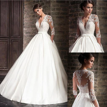 

Elegant Sweetheart Satin Wedding Dress With Jacket Appliques A-Line Long Sleeve Floor Length Pockets Belt Bridal Ball Gowns New