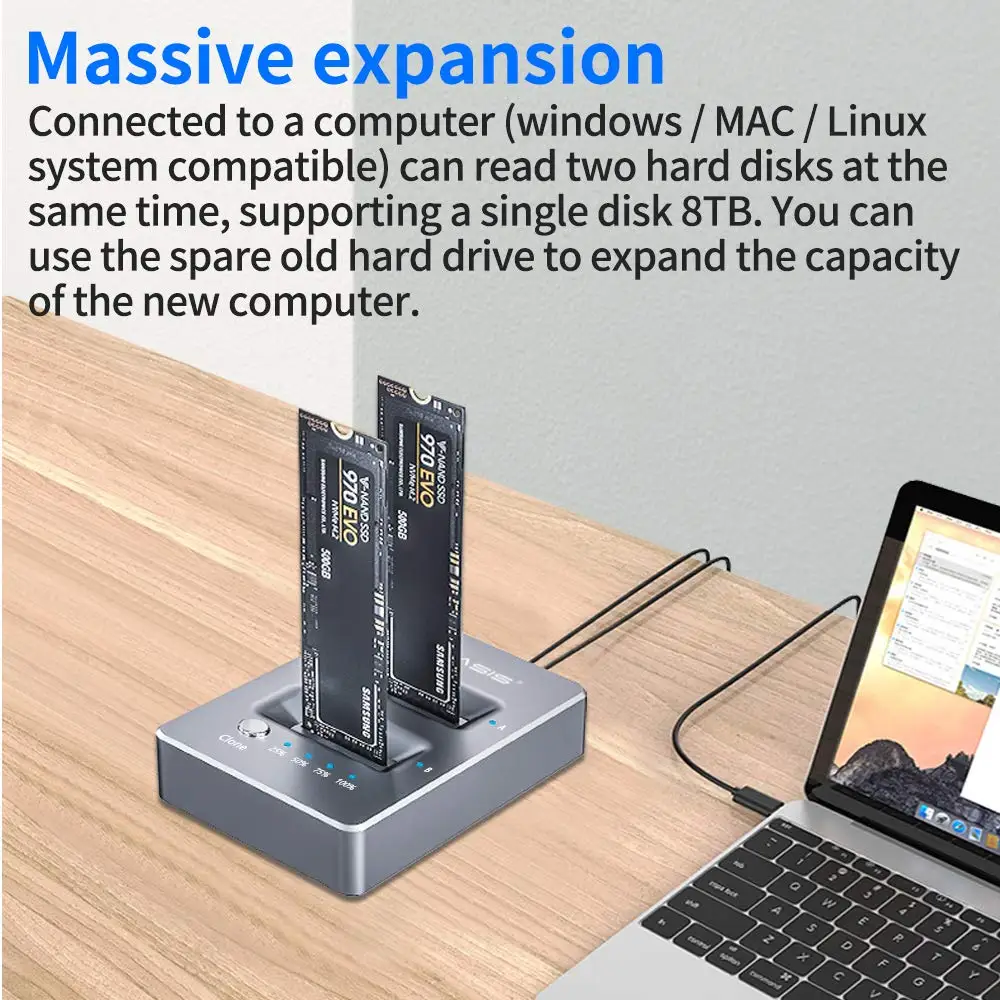 ACASIS NVMe Dual Bay Enclosure Clone Docking Station M.2 USB3.1 Gen2 Type C External Hard Disk Box for M2 SSD and M Key SSD