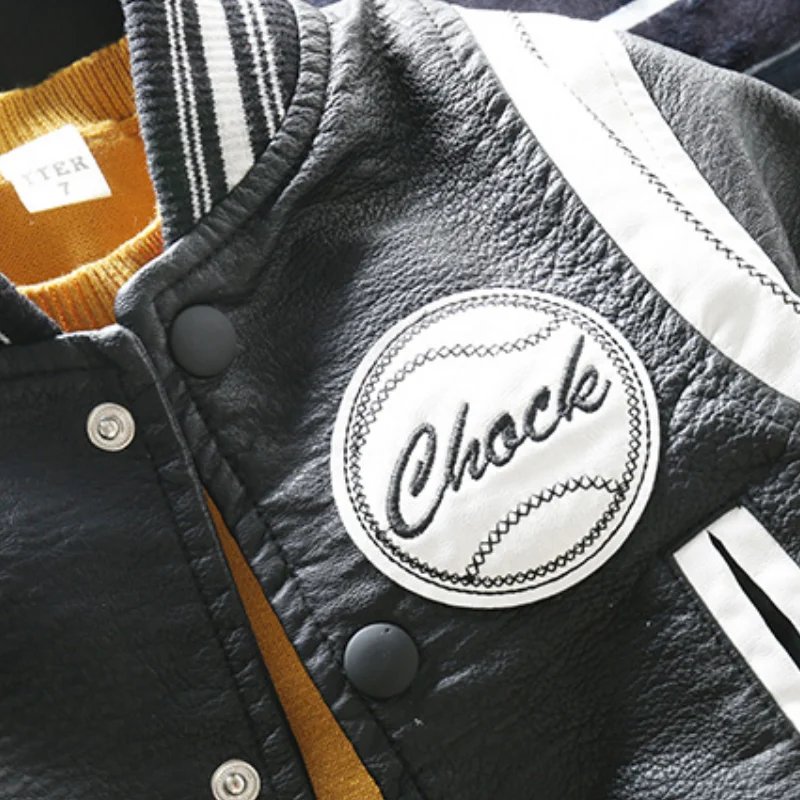 Fashion Baby Boy PU Leather Baseball Jacket Spring Autumn Toddler Kids Thick Faux Leather Coat Sport Outwear Clothes 1-7Y