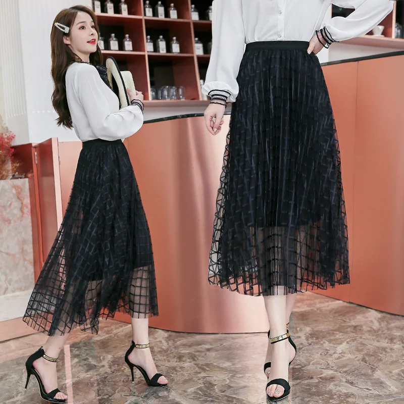 

Skirt Women's Spring And Autumn Network Mesh Dress INS Super Fire Skirt Pleated Half-length Fairy Skirt Mid-length CHIC Mesh Dre